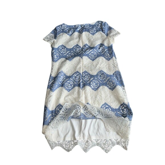 Suiti Lace Shift Dress Blue White Scallop Floral Overlay Short Sleeve Sz 10P - Picture 6 of 12
